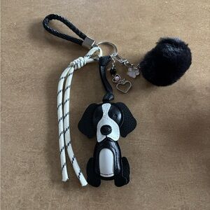 Black and White Dog Handmade Keychain with Pom Pom